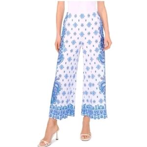 Vince Camuto Womens Pants Size 1X Blue White Paisley Wide Leg Stretch Pull On